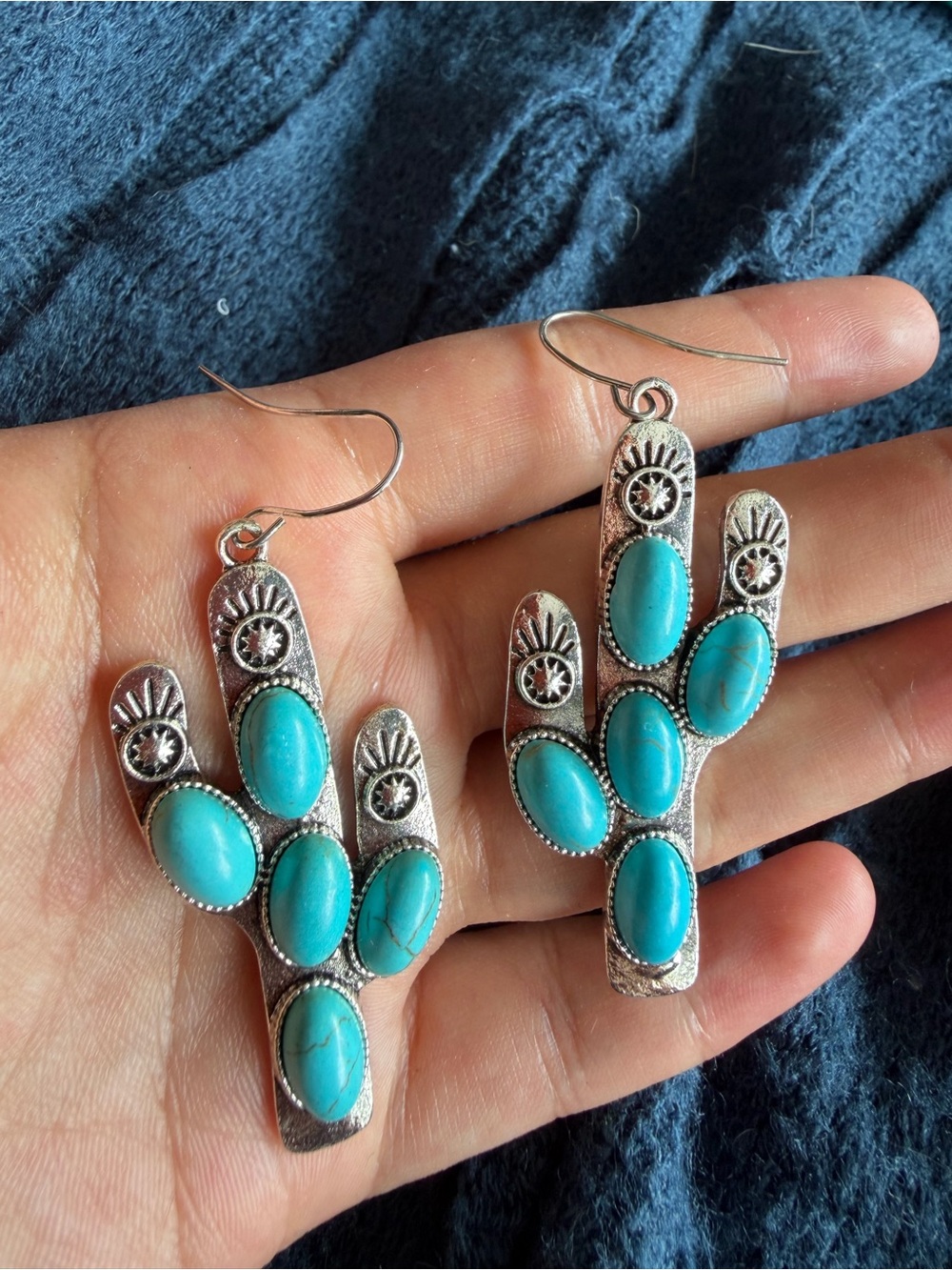 Turquoise Cactus Drop Earrings - Silver Tone Women’s Jewelry